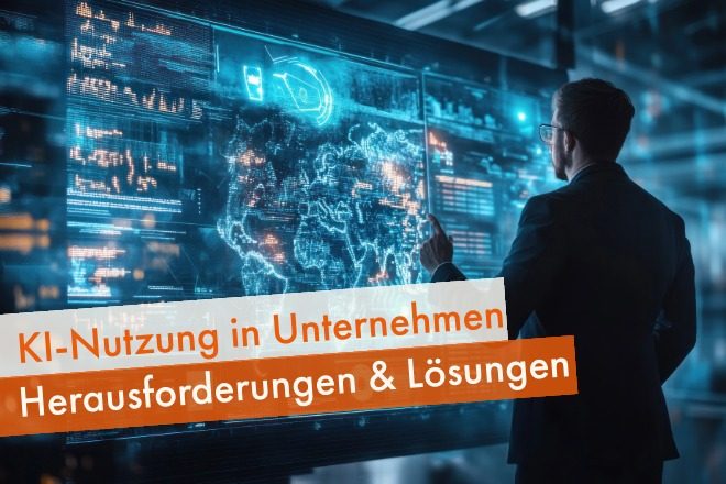 Mann vor fancy Bildschirm als Symbol für KI-Nutzung in Unternehmen.