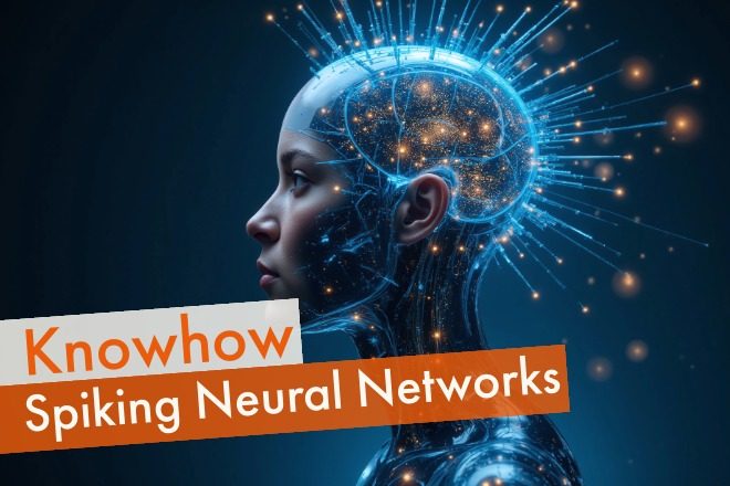 Roboter mit verbildlichten Spiking Neural Networks im Gehirn.