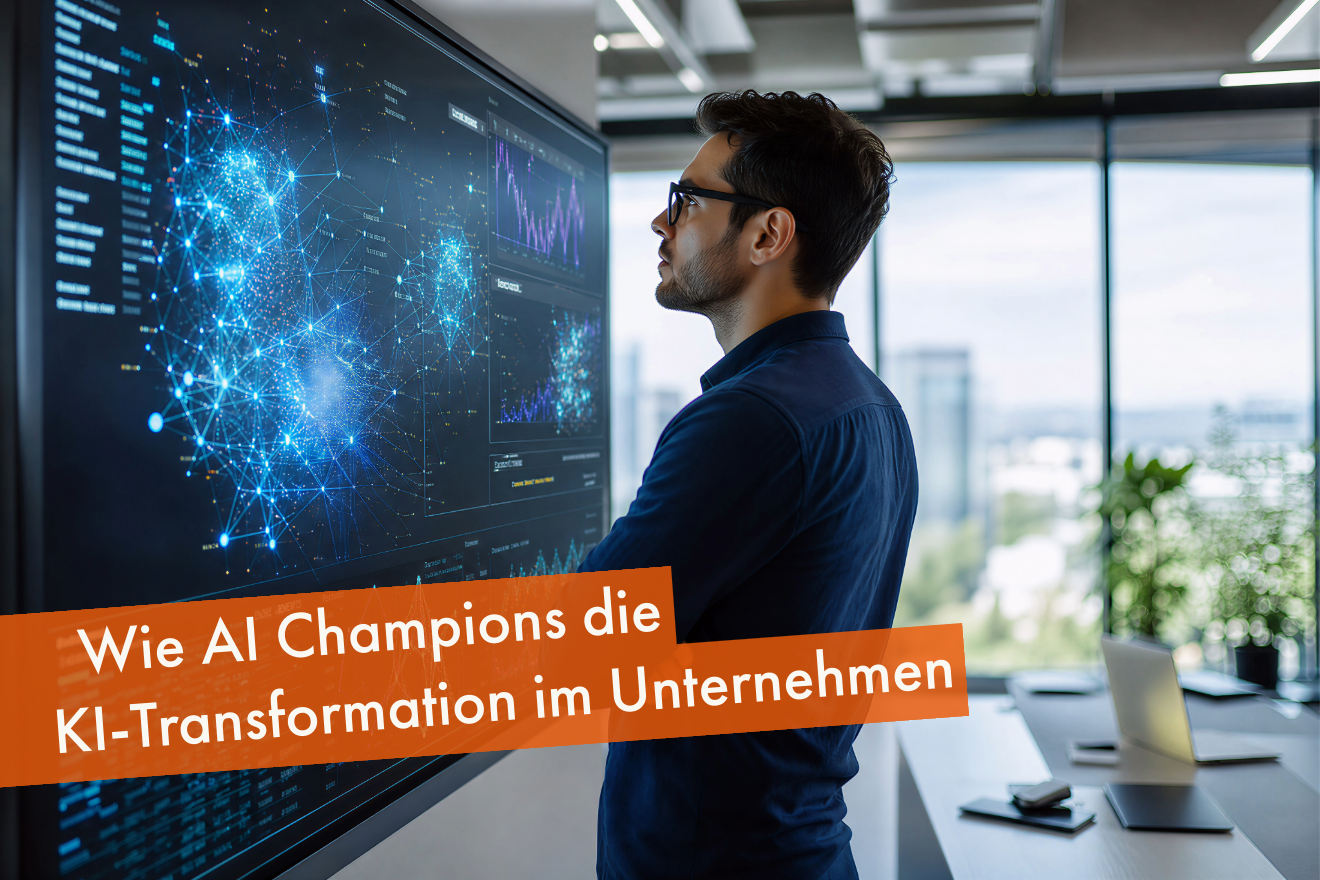 Mitarbeiter vor KI-Datenvisualisierung als Symbol für AI Champions, die KI-Transformation und Wissenstransfer im Unternehmen vorantreiben.