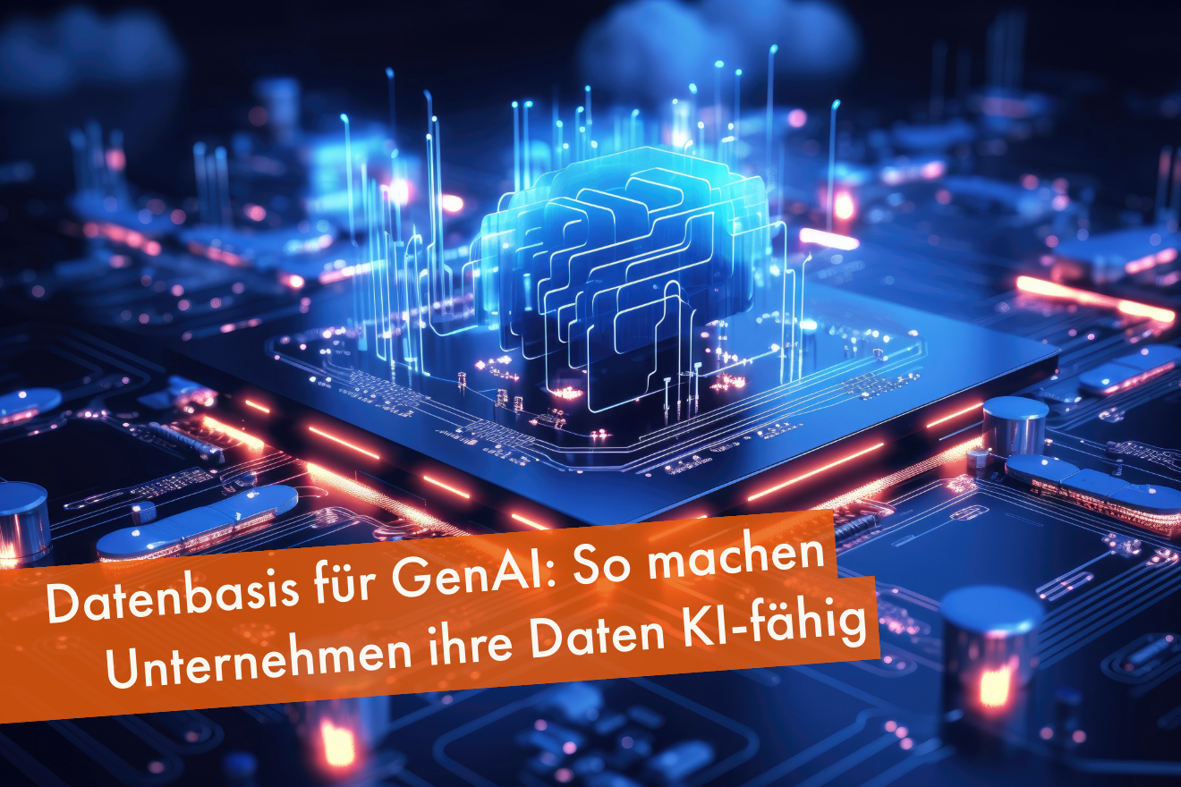 Leuchtende digitale Ordner auf einem Computerchip als Symbol für eine KI-fähige Datenbasis.