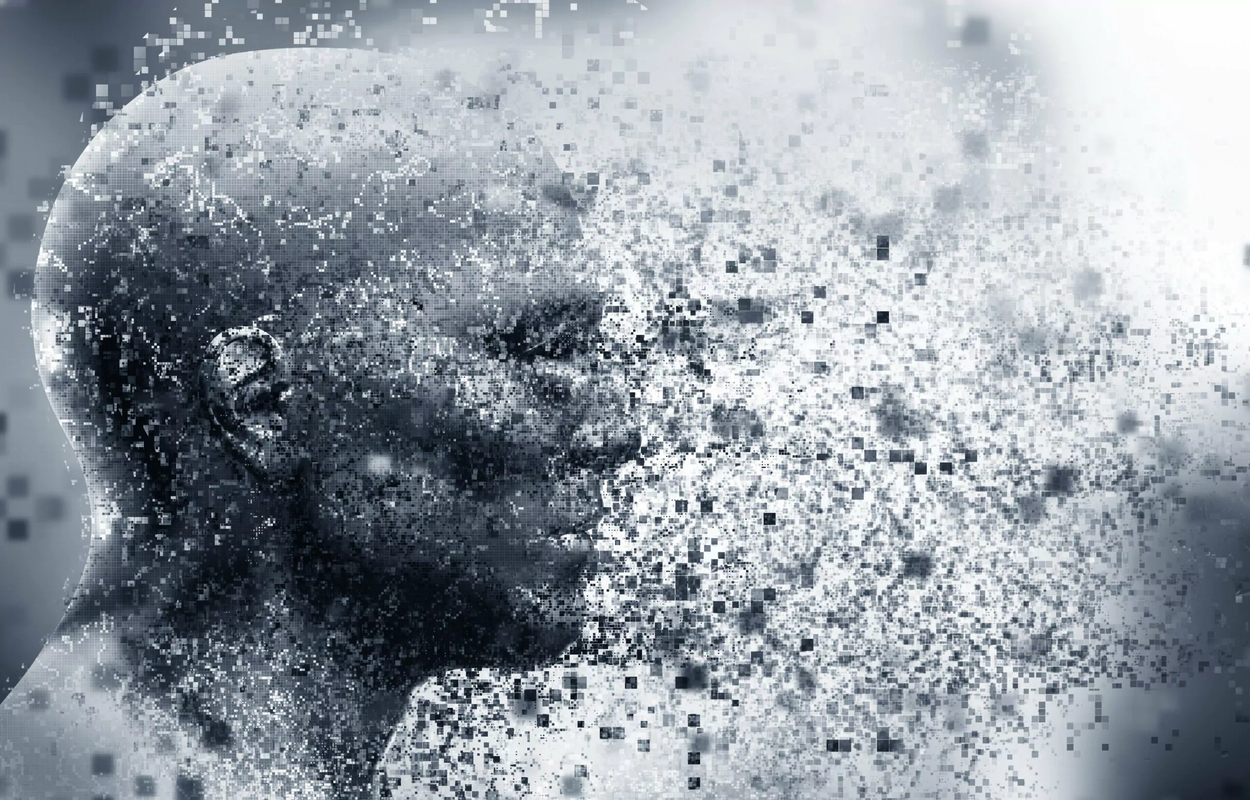 Man face with pixel dispersion effect. Concept of technology, modern science but also disintegration