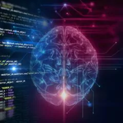 3d rendering of human brain on programming language background