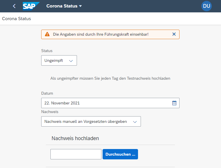 SAP Fiori Self-Service-App Corona Status eintragen