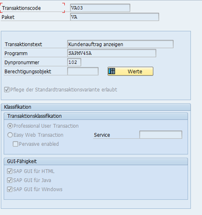 Suchen im SAP Eigenschaften der gewählten Transaktion VA03