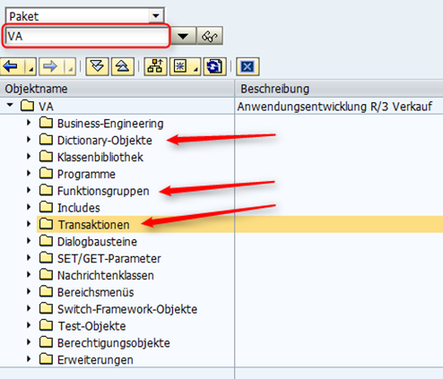 Suchen im SAP Hauptpaket mit allen dazugehörigen Funktionsbausteinen, Datenbanktabellen, Transaktionen