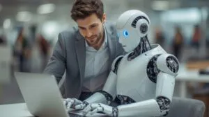 Mensch und Roboter zusammen am Arbeitsplatz als Verbildlichung von KI-Assistenten.