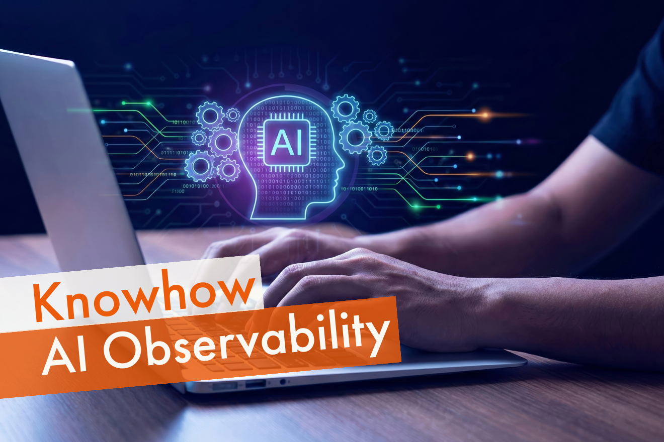 Person am Laptop mit KI-Symbolik, als Symbol für Know-how, Transparenz und Kontrolle durch AI Observability.