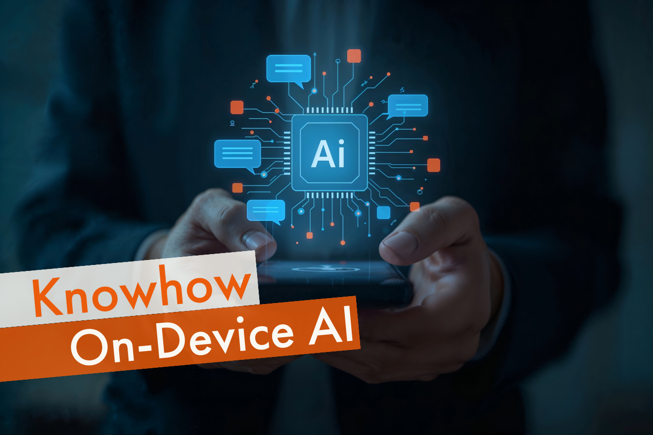 Smartphone in Händen mit Chip mit "AI"-Beschriftung und Sprechblasen als Symbol für On-Device AI / lokale KI
