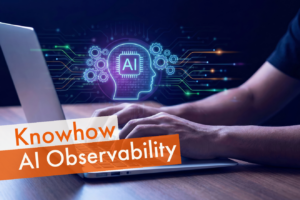 Person am Laptop mit KI-Symbolik, als Symbol für Know-how, Transparenz und Kontrolle durch AI Observability.