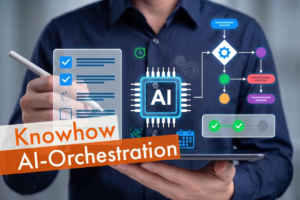 Illustration zu KI mit dem Schriftzug "Knowhow AI-Orchestration"