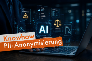 Digitale KI-Anwendung auf einem Laptop mit Symbolen für Datenschutz, Compliance, Governance, Ethik und Risikomanagement als Darstellung der PII-Anonymisierung zum Schutz personenbezogener Daten